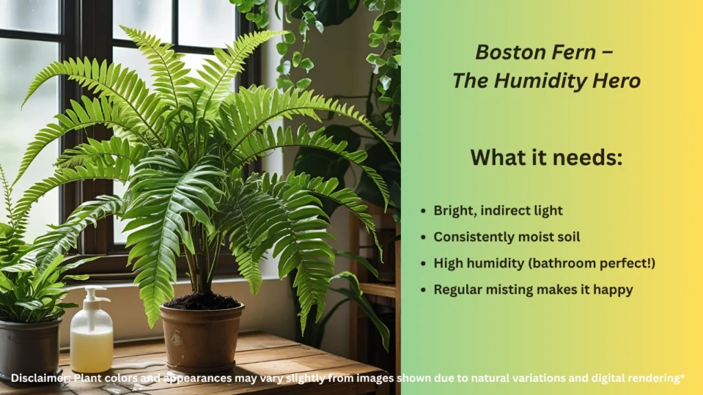 Boston Fern – Humidity-loving indoor plant for bathrooms or kitchens