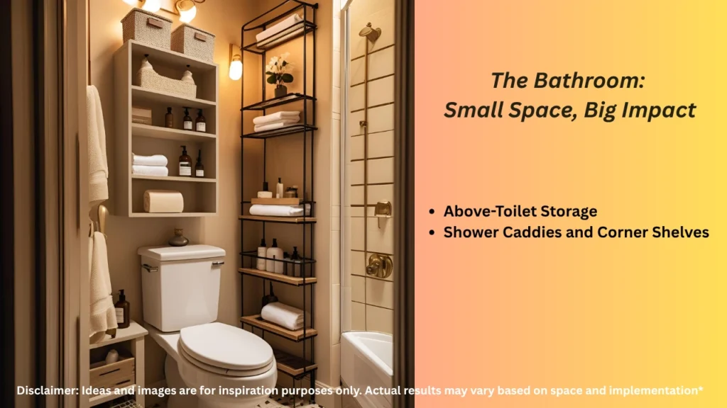 Compact bathroom layout with vertical storage and smart organizers