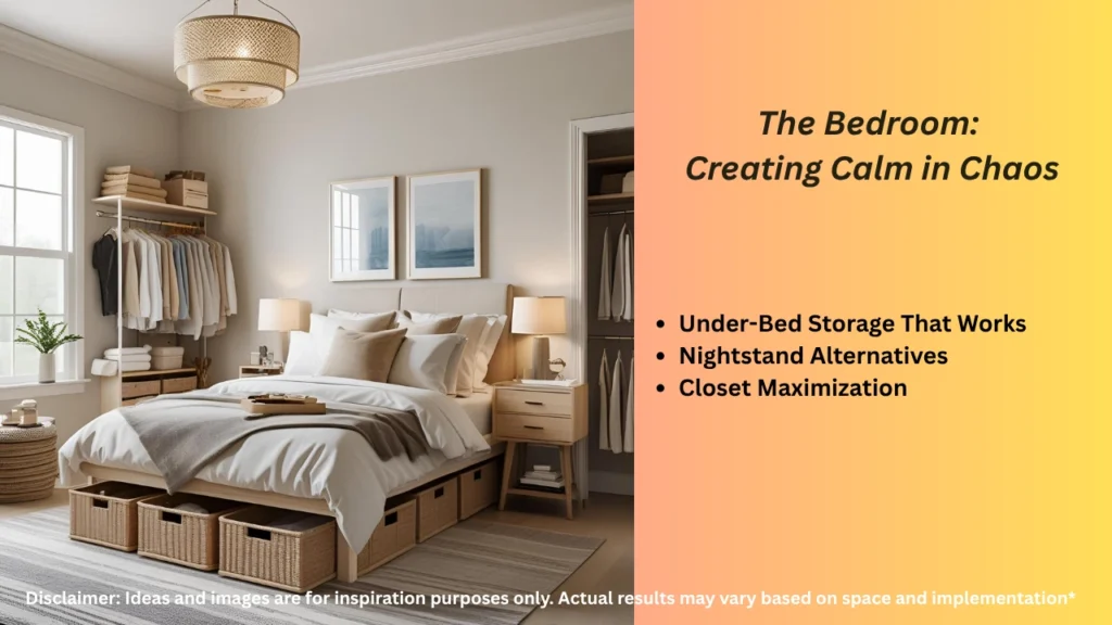 Bedroom space-saving solution with under-bed storage and floating shelves